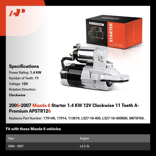2006-2007 Mazda 6 Starter 1.4 KW 12V Clockwise 11 Teeth A-Premium APSTR126