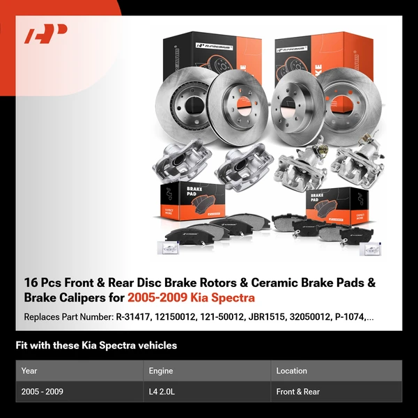 16 Pcs Front & Rear Disc Brake Rotors & Ceramic Brake Pads & Brake Calipers for 2005-2009 Kia Spectra