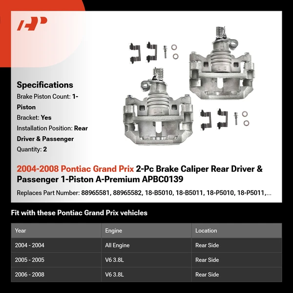2004-2008 Pontiac Grand Prix 2-Pc Brake Caliper Rear Driver & Passenger 1-Piston A-Premium APBC0139