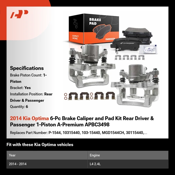 2014 Kia Optima 6-Pc Brake Caliper and Pad Kit Rear Driver & Passenger 1-Piston A-Premium APBC3498