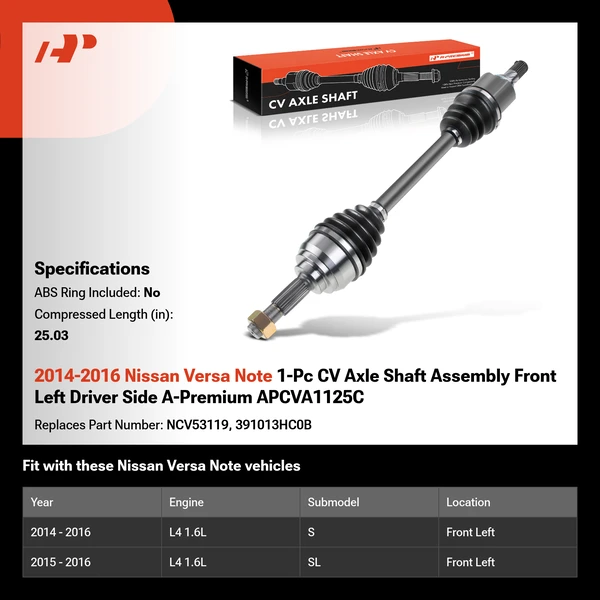 2014-2016 Nissan Versa Note 1-Pc CV Axle Shaft Assembly Front Left Driver Side A-Premium APCVA1125C
