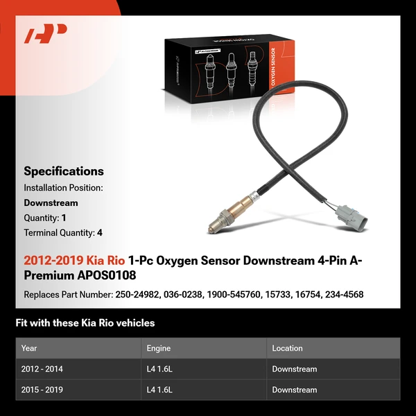 2012-2019 Kia Rio 1-Pc Oxygen Sensor Downstream 4-Pin A-Premium APOS0108