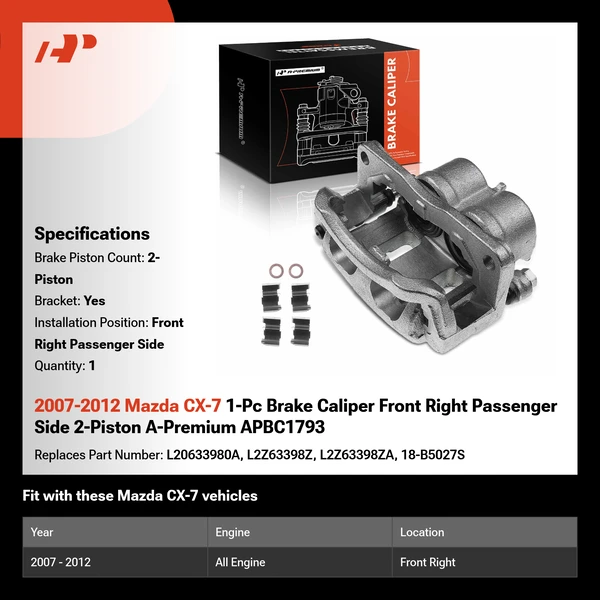2007-2012 Mazda CX-7 1-Pc Brake Caliper Front Right Passenger Side 2-Piston A-Premium APBC1793