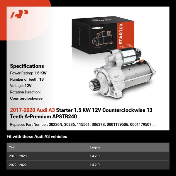 2017-2020 Audi A3 Starter 1.5 KW 12V Counterclockwise 13 Teeth A-Premium APSTR240