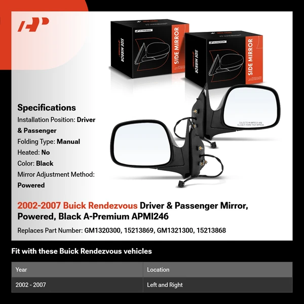 2002-2007 Buick Rendezvous Driver & Passenger Mirror, Powered, Black A-Premium APMI246