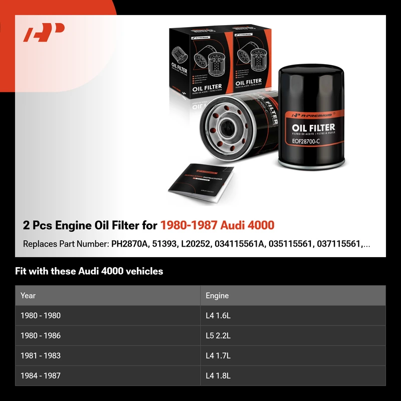 2 Pcs Engine Oil Filter for 1980-1987 Audi 4000