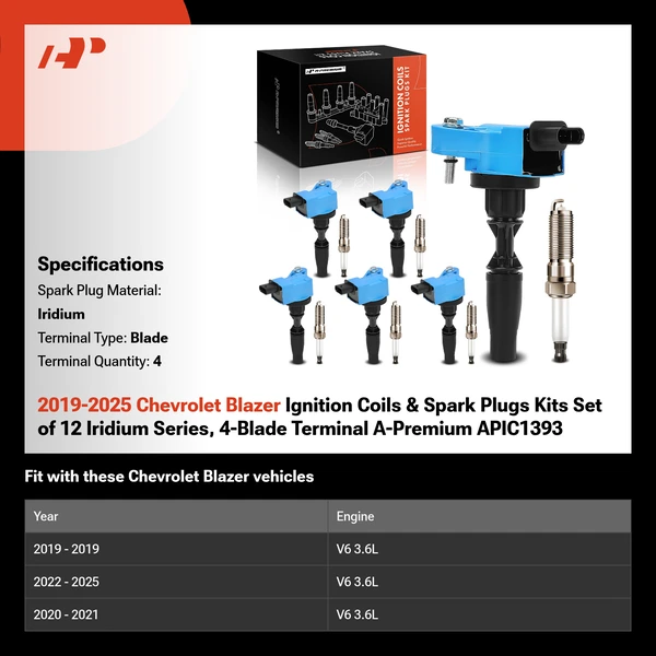 2019-2025 Chevrolet Blazer Ignition Coils & Spark Plugs Kits Set of 12 Iridium Series, 4-Blade Terminal A-Premium APIC1393
