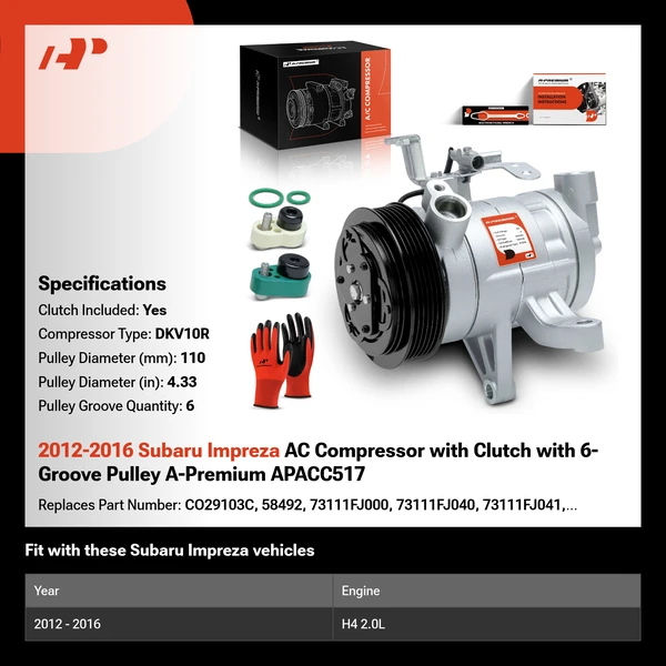 2012-2016 Subaru Impreza AC Compressor with Clutch with 6-Groove Pulley A-Premium APACC517