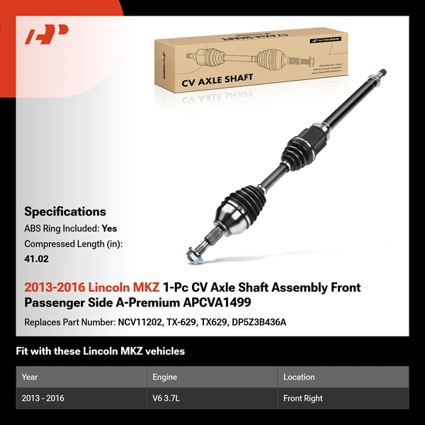 2013-2016 Lincoln MKZ 1-Pc CV Axle Shaft Assembly Front Passenger Side A-Premium APCVA1499
