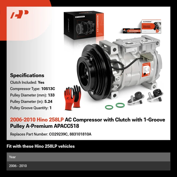 2006-2010 Hino 258LP AC Compressor with Clutch with 1-Groove Pulley A-Premium APACC518