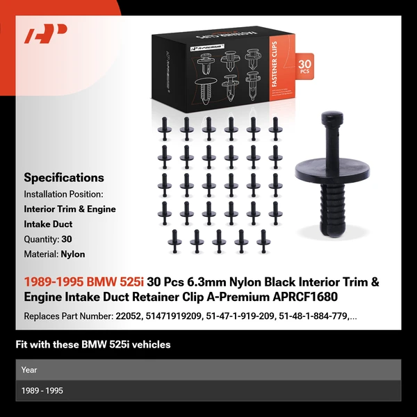 1989-1995 BMW 525i 30 Pcs 6.3mm Nylon Black Interior Trim & Engine Intake Duct Retainer Clip A-Premium APRCF1680