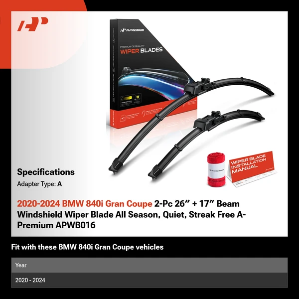 2020-2024 BMW 840i Gran Coupe 2-Pc 26″ + 17″ Beam Windshield Wiper Blade All Season, Quiet, Streak Free A-Premium APWB016