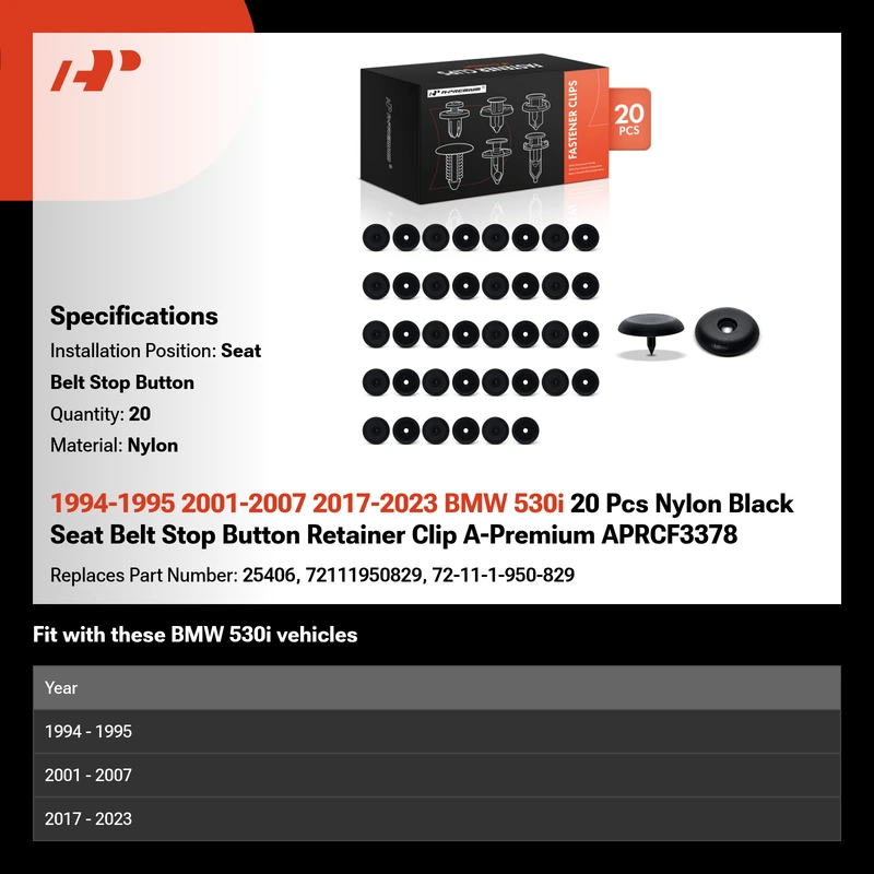 1994-1995 2001-2007 2017-2023 BMW 530i 20 Pcs Nylon Black Seat Belt Stop Button Retainer Clip A-Premium APRCF3378