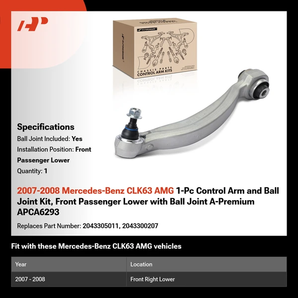 2007-2008 Mercedes-Benz CLK63 AMG 1-Pc Control Arm and Ball Joint Kit, Front Passenger Lower with Ball Joint A-Premium APCA6293