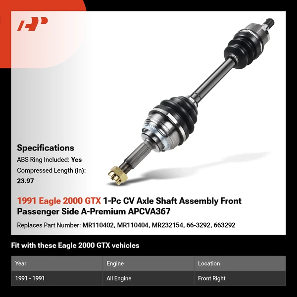 1991 Eagle 2000 GTX 1-Pc CV Axle Shaft Assembly Front Passenger Side A-Premium APCVA367
