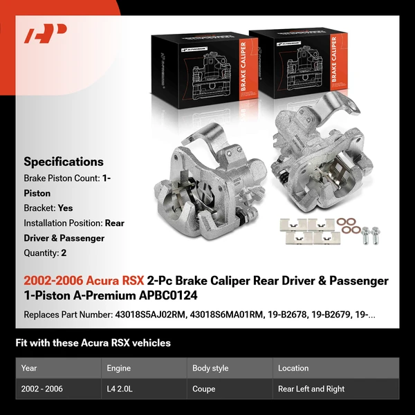 2002-2006 Acura RSX 2-Pc Brake Caliper Rear Driver & Passenger 1-Piston A-Premium APBC0124