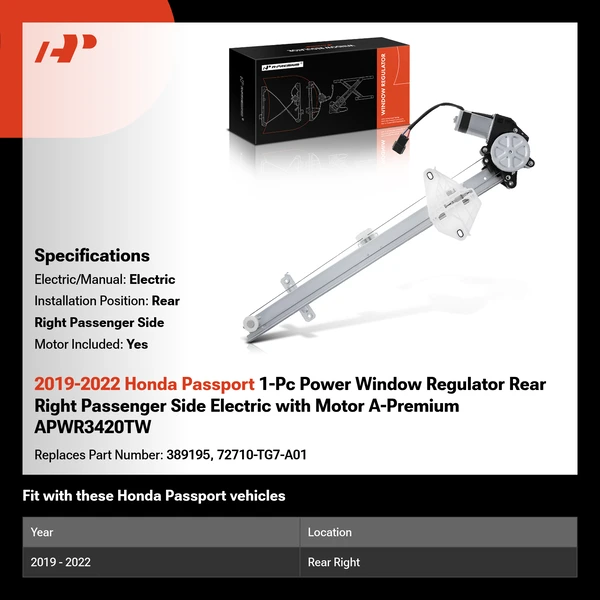 2019-2022 Honda Passport 1-Pc Power Window Regulator Rear Right Passenger Side Electric with Motor A-Premium APWR3420TW