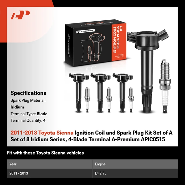 2011-2013 Toyota Sienna Ignition Coil and Spark Plug Kit Set of A Set of 8 Iridium Series, 4-Blade Terminal A-Premium APIC0515