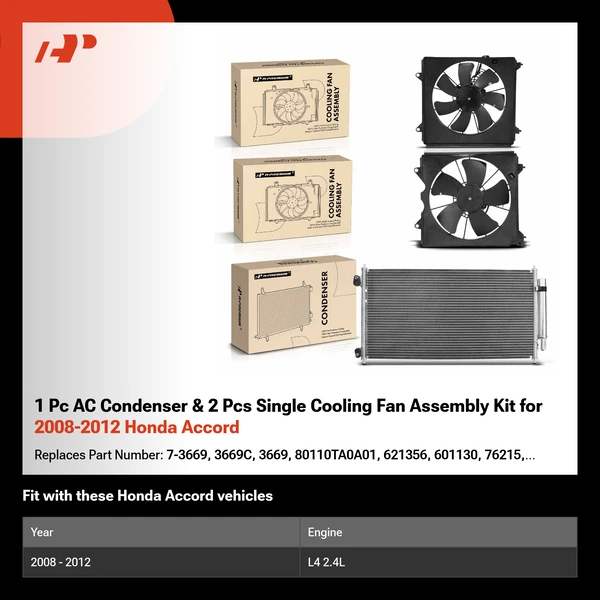1 Pc AC Condenser & 2 Pcs Single Cooling Fan Assembly Kit for 2008-2012 Honda Accord