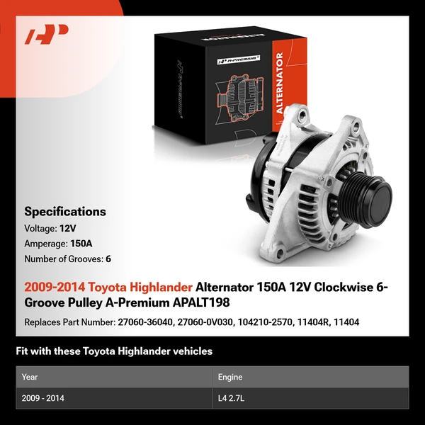 2009-2014 Toyota Highlander Alternator 150A 12V Clockwise 6-Groove Pulley A-Premium APALT198