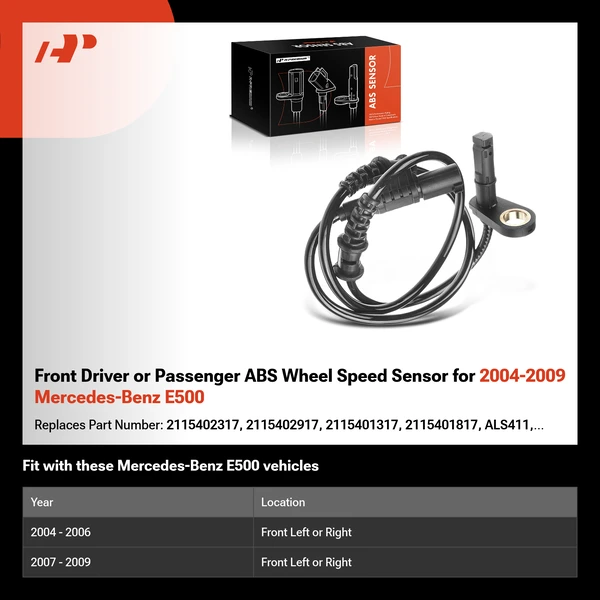 Front Driver or Passenger ABS Wheel Speed Sensor for 2004-2009 Mercedes-Benz E500