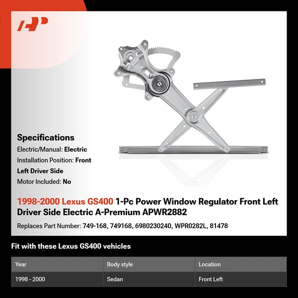 1998-2000 Lexus GS400 1-Pc Power Window Regulator Front Left Driver Side Electric A-Premium APWR2882