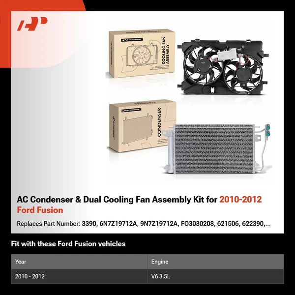 AC Condenser & Dual Cooling Fan Assembly Kit for 2010-2012 Ford Fusion