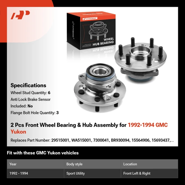 2 Pcs Front Wheel Bearing & Hub Assembly for 1992-1994 GMC Yukon