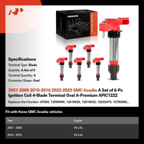 2007-2008 2010-2016 2022-2023 GMC Acadia A Set of 6-Pc Ignition Coil 4-Blade Terminal Oval A-Premium APIC1222