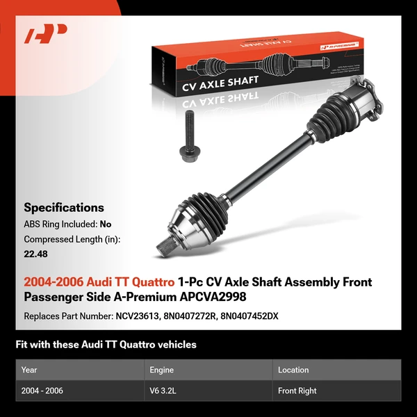2004-2006 Audi TT Quattro 1-Pc CV Axle Shaft Assembly Front Passenger Side A-Premium APCVA2998