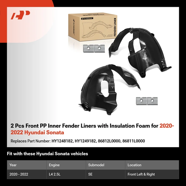 2 Pcs Front PP Inner Fender Liners with Insulation Foam for 2020-2022 Hyundai Sonata