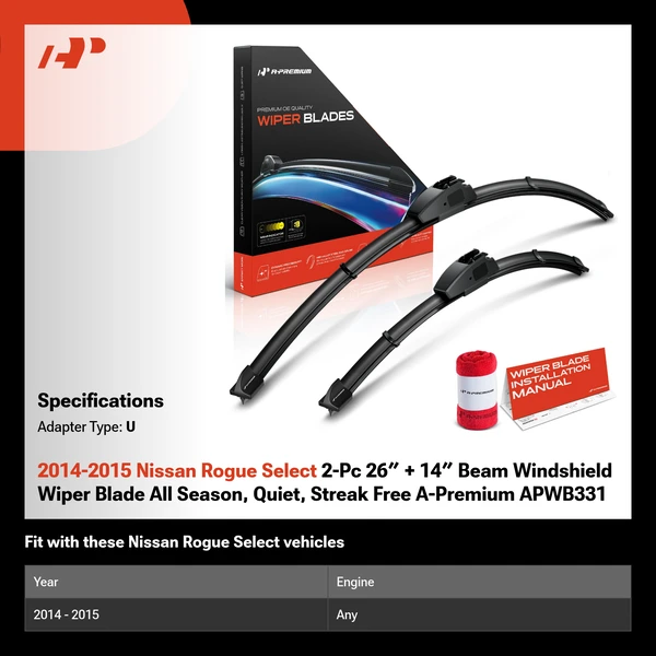 2014-2015 Nissan Rogue Select 2-Pc 26″ + 14″ Beam Windshield Wiper Blade All Season, Quiet, Streak Free A-Premium APWB331