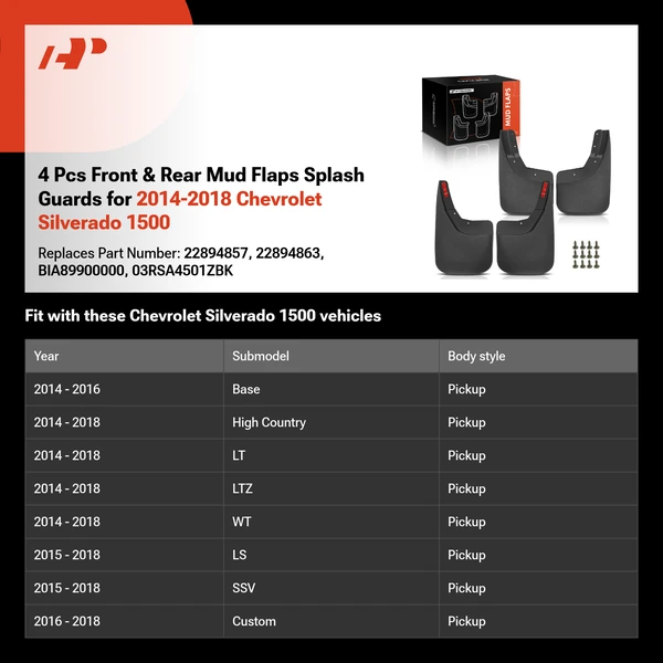 4 Pcs Front & Rear Mud Flaps Splash Guards for 2014-2018 Chevrolet Silverado 1500