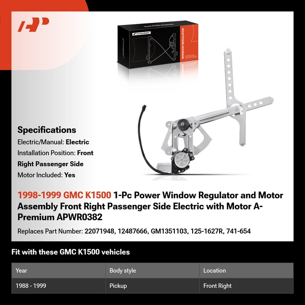 1998-1999 GMC K1500 1-Pc Power Window Regulator and Motor Assembly Front Right Passenger Side Electric with Motor A-Premium APWR0382