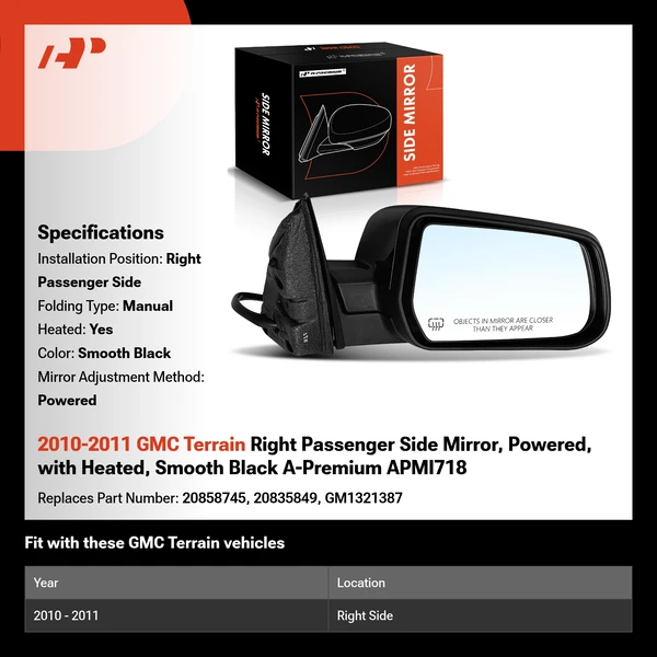 2010-2011 GMC Terrain Right Passenger Side Mirror, Powered, with Heated, Smooth Black A-Premium APMI718