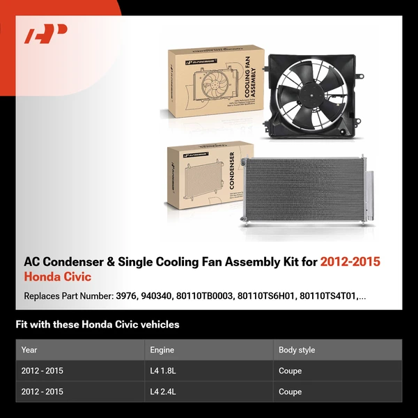 AC Condenser & Single Cooling Fan Assembly Kit for 2012-2015 Honda Civic