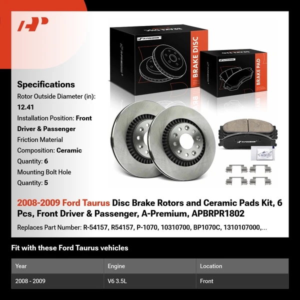 2008-2009 Ford Taurus Disc Brake Rotors and Ceramic Pads Kit, 6 Pcs, Front Driver & Passenger, A-Premium, APBRPR1802