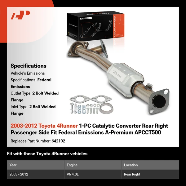 2003-2012 Toyota 4Runner 1-PC Catalytic Converter Rear Right Passenger Side Fit Federal Emissions A-Premium APCCT500