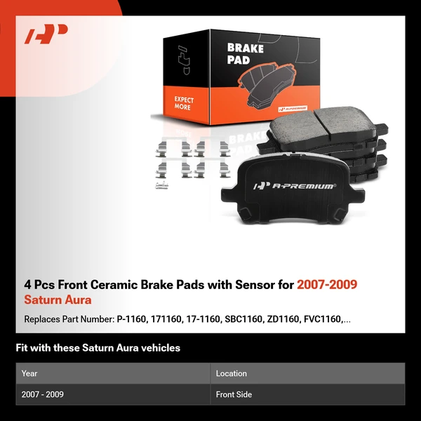 4 Pcs Front Ceramic Brake Pads with Sensor for 2007-2009 Saturn Aura
