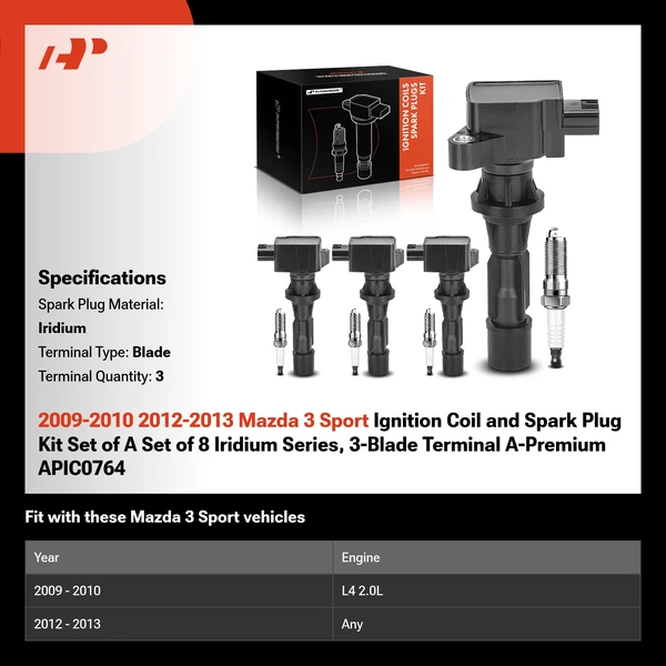 2009-2010 2012-2013 Mazda 3 Sport Ignition Coil and Spark Plug Kit Set of A Set of 8 Iridium Series, 3-Blade Terminal A-Premium APIC0764