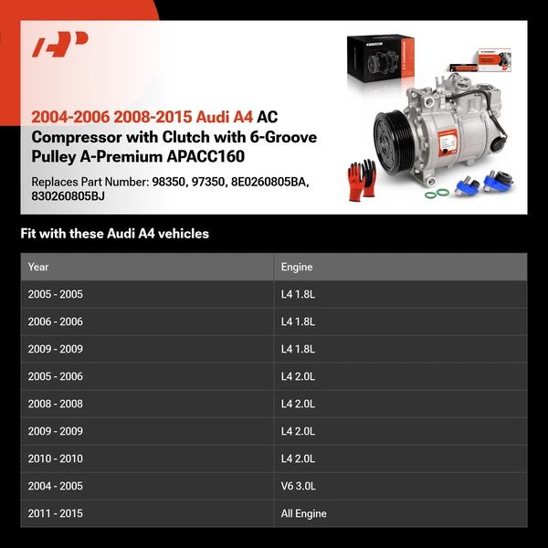 2004-2006 2008-2015 Audi A4 AC Compressor with Clutch with 6-Groove Pulley A-Premium APACC160
