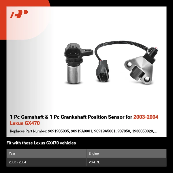 1 Pc Camshaft & 1 Pc Crankshaft Position Sensor for 2003-2004 Lexus GX470