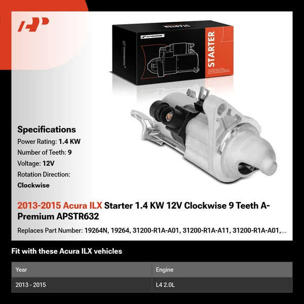 2013-2015 Acura ILX Starter 1.4 KW 12V Clockwise 9 Teeth A-Premium APSTR632