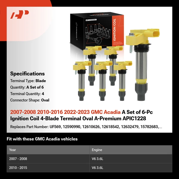 2007-2008 2010-2016 2022-2023 GMC Acadia A Set of 6-Pc Ignition Coil 4-Blade Terminal Oval A-Premium APIC1228