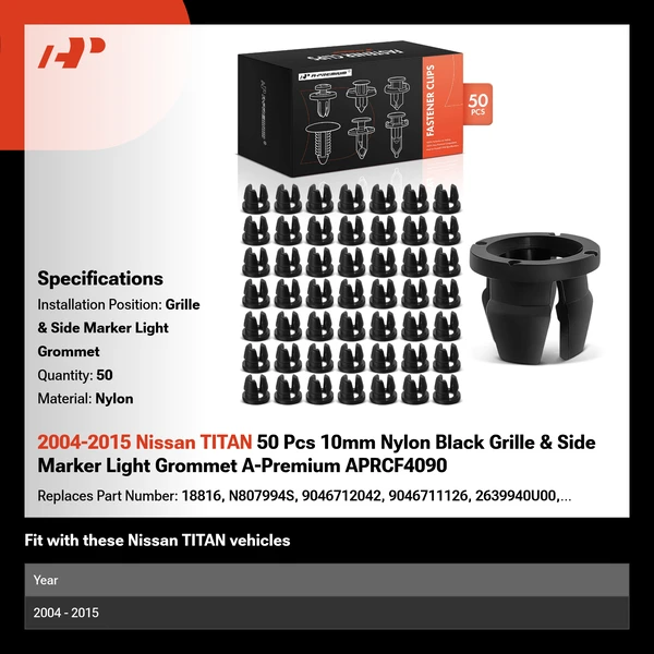 2004-2015 Nissan TITAN 50 Pcs 10mm Nylon Black Grille & Side Marker Light Grommet A-Premium APRCF4090