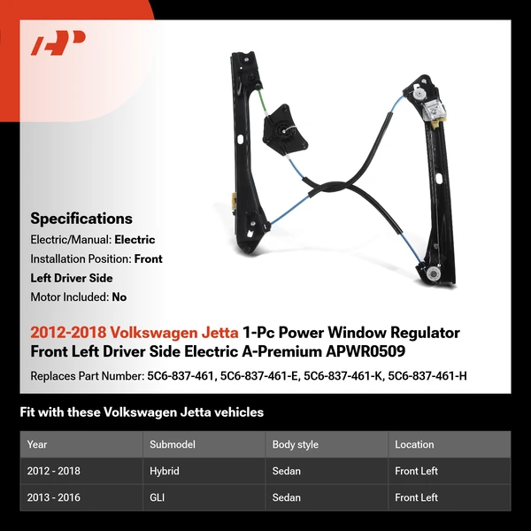 2012-2018 Volkswagen Jetta 1-Pc Power Window Regulator Front Left Driver Side Electric A-Premium APWR0509