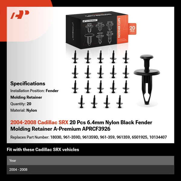 2004-2008 Cadillac SRX 20 Pcs 6.4mm Nylon Black Fender Molding Retainer A-Premium APRCF3926