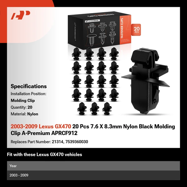 2003-2009 Lexus GX470 20 Pcs 7.6 X 8.3mm Nylon Black Molding Clip A-Premium APRCF912