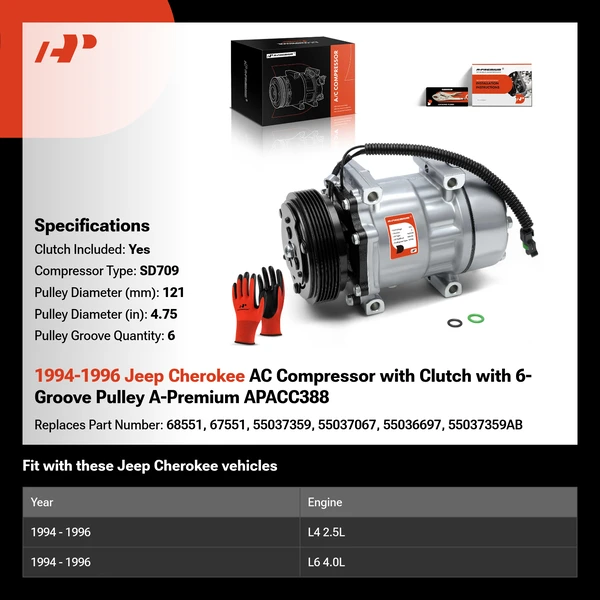 1994-1996 Jeep Cherokee AC Compressor with Clutch with 6-Groove Pulley A-Premium APACC388