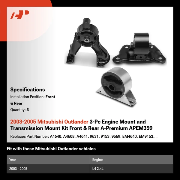 2003-2005 Mitsubishi Outlander 3-Pc Engine Mount and Transmission Mount Kit Front & Rear A-Premium APEM359